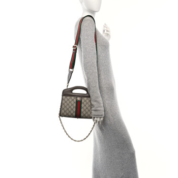 GUCCI GG Supreme Monogram Textured Dollar Calfskin Web Small Ophidia Slip Handle Tote Beige Ebony New Acero