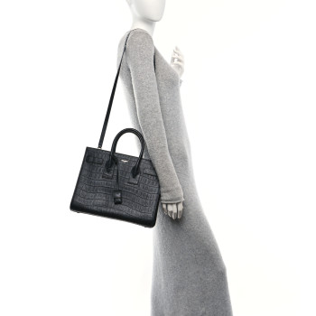 SAINT LAURENT Calfskin Crocodile Embossed Small Supple Sac de Jour Black