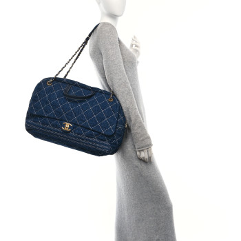 CHANEL Denim Quilted Large Express Bowling Bag Blue