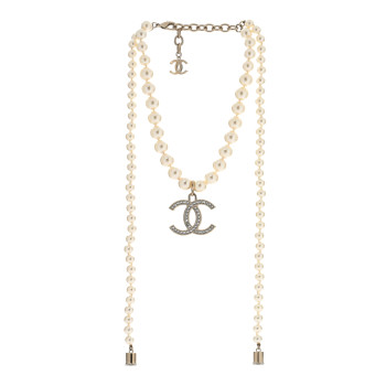 CHANEL Pearl Crystal CC Airpods Necklace Gold