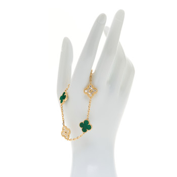 VAN CLEEF & ARPELS 18K Yellow Gold Diamond Malachite 5 Motifs Vintage Alhambra Bracelet