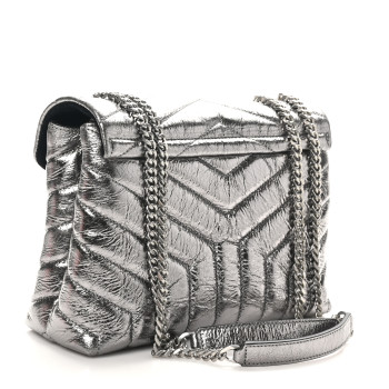 SAINT LAURENT Metallic Calfskin Y Quilted Monogram Small Loulou Chain Satchel Acciaio