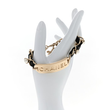 CHANEL Metal Lambskin Pearl Name Plate Bracelet Black Gold