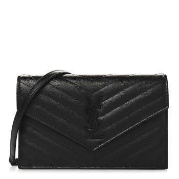 SAINT LAURENT Grain De Poudre Matelasse Chevron Monogram Monochrome Envelope Chain Wallet Black