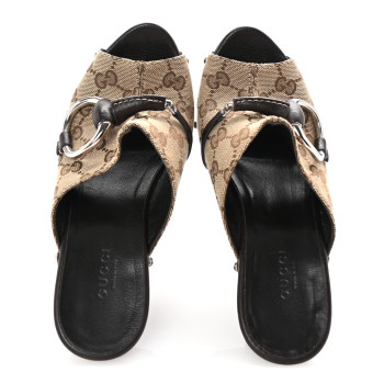 GUCCI Monogram Cellarius Soft Calfskin Icon Bit Platform Clog High Heel Slide Sandals 36 Beige Ebony Cocoa
