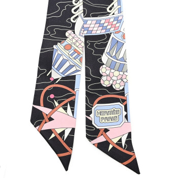 HERMES Silk Odyssey Twilly Black Bleu Ciel Rose