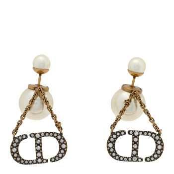 CHRISTIAN DIOR Pearl Crystal Tribal CD Drop Earrings Gold