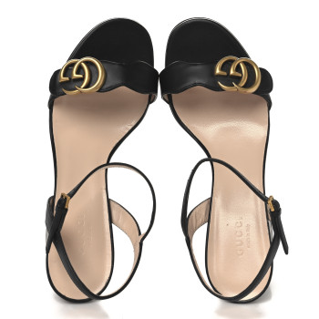 GUCCI Lifford Calfskin GG Marmont Ankle Wrap 105mm Sandals 37.5 Black