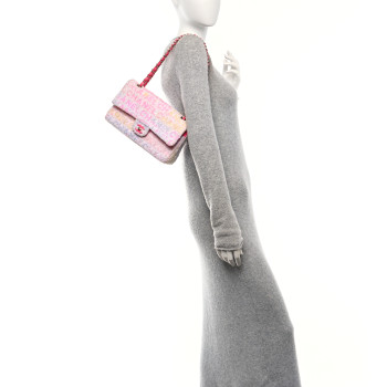 CHANEL Tweed Quilted Enamel CC Logo Medium Double Flap Pink Multicolor