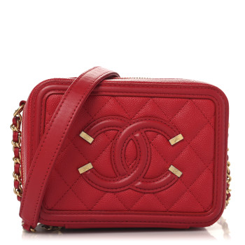 CHANEL Caviar Quilted Filigree Vanity Clutch With Chain Red