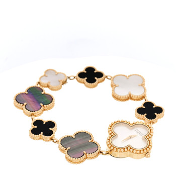 VAN CLEEF & ARPELS 18K Yellow Gold Mother of Pearl Black Onyx 26mm Alhambra Quartz Watch