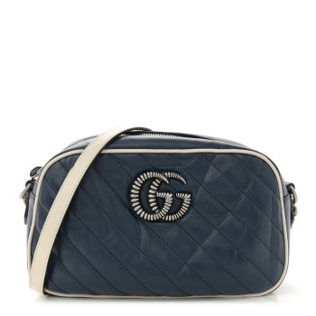 GUCCI Vintage Effect Calfskin Matelasse Diagonal Small Torchon GG Marmont Chain Shoulder Bag Blue Agata Mystic White