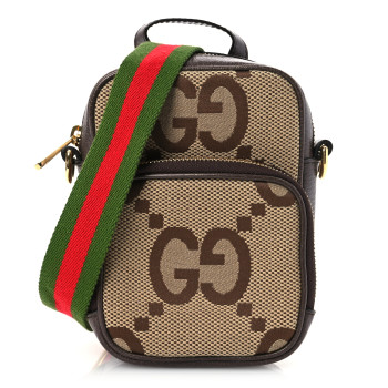 GUCCI Monogram Jumbo GG Textured Dollar Calfskin Web Messenger Shoulder Bag Camel Ebony New Acero