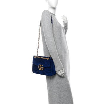 GUCCI Velvet Matelasse Medium GG Marmont Shoulder Bag Cobalt Blue