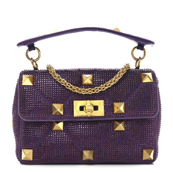 VALENTINO GARAVANI Crystal Suede Enamel Medium Roman Stud Shoulder Bag Purple