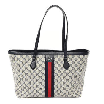 GUCCI GG Supreme Monogram Textured Calfskin Web Medium Ophidia Shopping Tote Beige Blue