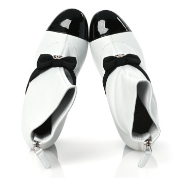 CHANEL Stretch Lambskin Patent Calfskin Pearl CC Bow Cap Toe Short Boots 37 White Black