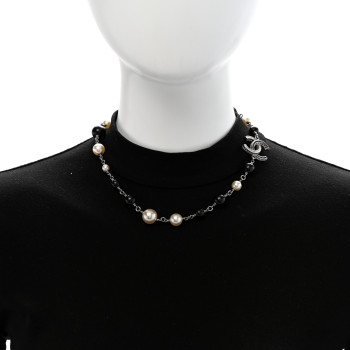 CHANEL Pearl Crystal Bead CC Necklace Silver Black