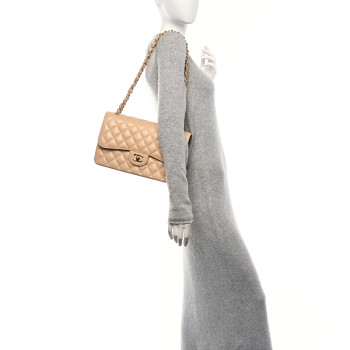 CHANEL Caviar Quilted Jumbo Double Flap Beige