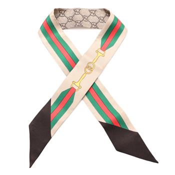 GUCCI Silk Twill GG Monogram Web Horsebit Neck Bow Scarf Dark Brown