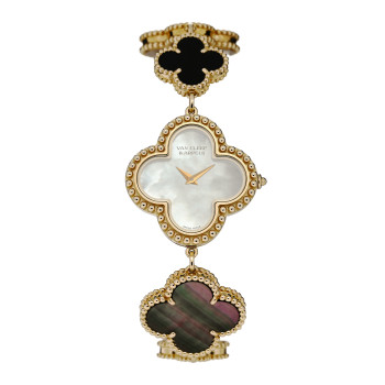 VAN CLEEF & ARPELS 18K Yellow Gold Mother of Pearl Black Onyx 26mm Alhambra Quartz Watch