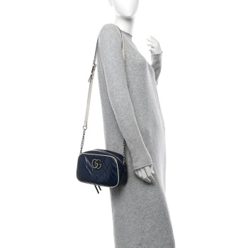 GUCCI Vintage Effect Calfskin Matelasse Diagonal Small Torchon GG Marmont Chain Shoulder Bag Blue Agata Mystic White