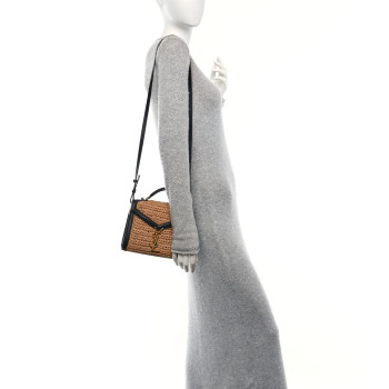 SAINT LAURENT Raffia Calfskin Mini Classic Monogram Cassandra Top Handle Black Natural