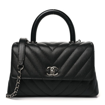 CHANEL Caviar Chevron Quilted Mini Coco Handle Flap Black