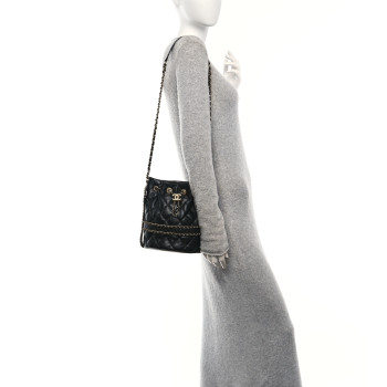 CHANEL Lambskin Quilted Chain Bucket Drawstring Bag Black