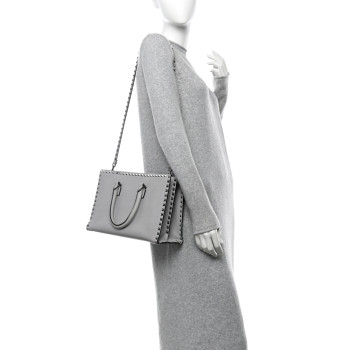 VALENTINO GARAVANI Grained Calfskin Medium Rockstud Double Handle Horizontal Tote Pastel Grey