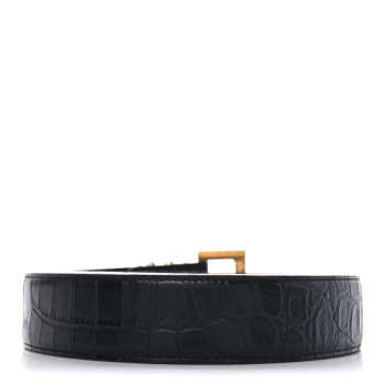 SAINT LAURENT Calfskin Crocodile Embossed Monogram Square Buckle Belt 100 40 Black