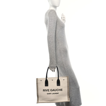 SAINT LAURENT Linen Calfskin Small Rive Gauche Tote Greggio Natural