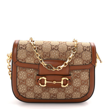 GUCCI New Canvas Charisma Calfskin Crystal GG Monogram Mini Horsebit 1955 Shoulder Bag Camel Ebony