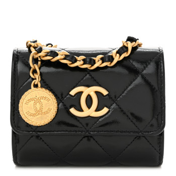 CHANEL Shiny Lambskin Quilted Medallion Card Holder On Chain Black
