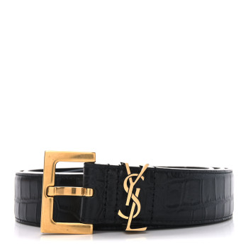 SAINT LAURENT Calfskin Crocodile Embossed Monogram Square Buckle Belt 100 40 Black