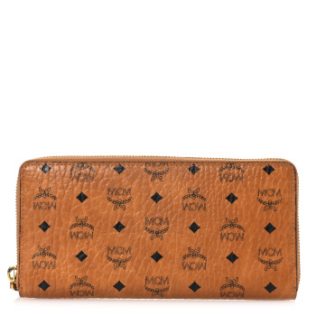 MCM Visetos Large Zip Around Wallet Cognac