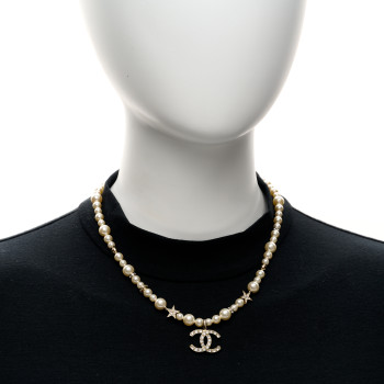 CHANEL Pearl Crystal CC Star Choker Necklace Gold