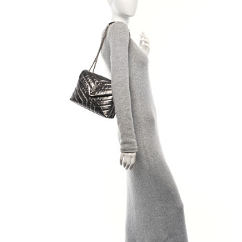 SAINT LAURENT Metallic Calfskin Y Quilted Monogram Small Loulou Chain Satchel Acciaio