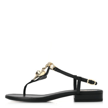 CHANEL Lambskin Metal Heart Thong Sandals 37 Black