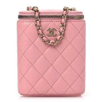 CHANEL Caviar Quilted Small Vertical Coco Beauty Vanity Case With Chain Light Pink