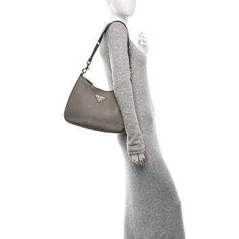 PRADA Vitello Daino Soft Large Zippered Messenger Hobo Argilla