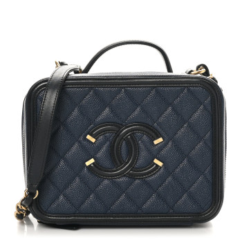 CHANEL Caviar Quilted Medium CC Filigree Vanity Case Navy Black