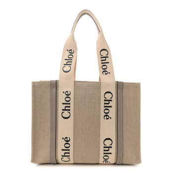 CHLOE Cotton Calfskin Medium Woody Ribbon Tote Musk Grey