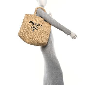 PRADA Yarn Raffia Effect Crochet Embroidered Logo Tote Naturale