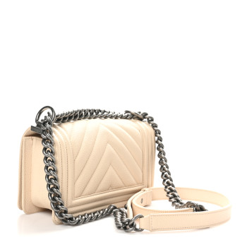 CHANEL Caviar Chevron Quilted Small Boy Flap White