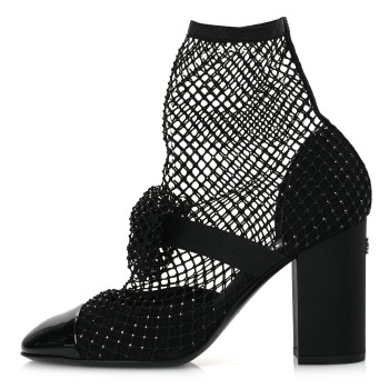 CHANEL Resille Strass Kid Suede Patent Mary Jane Short Boots Black