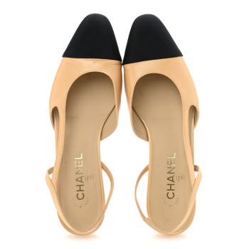 CHANEL Goatskin Grosgrain Cap Toe CC Slingback Sandals 40 Beige Black
