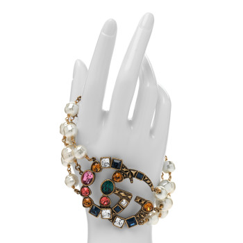 GUCCI Metal Crystal Pearl Double G Bracelet Aged Gold Multicolor