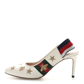 GUCCI Malaga Kid Web Bee Star Embroidered Sylvie Mid Heel Slingback Pumps 37.5 White
