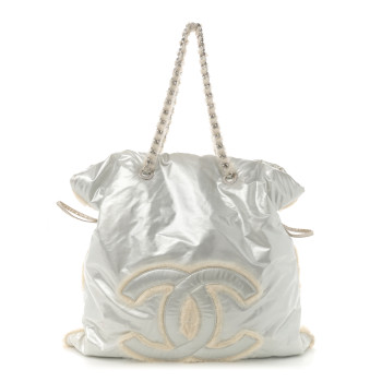 CHANEL Vinyl Mohair Trimmed CC Bonbons Tote Silver